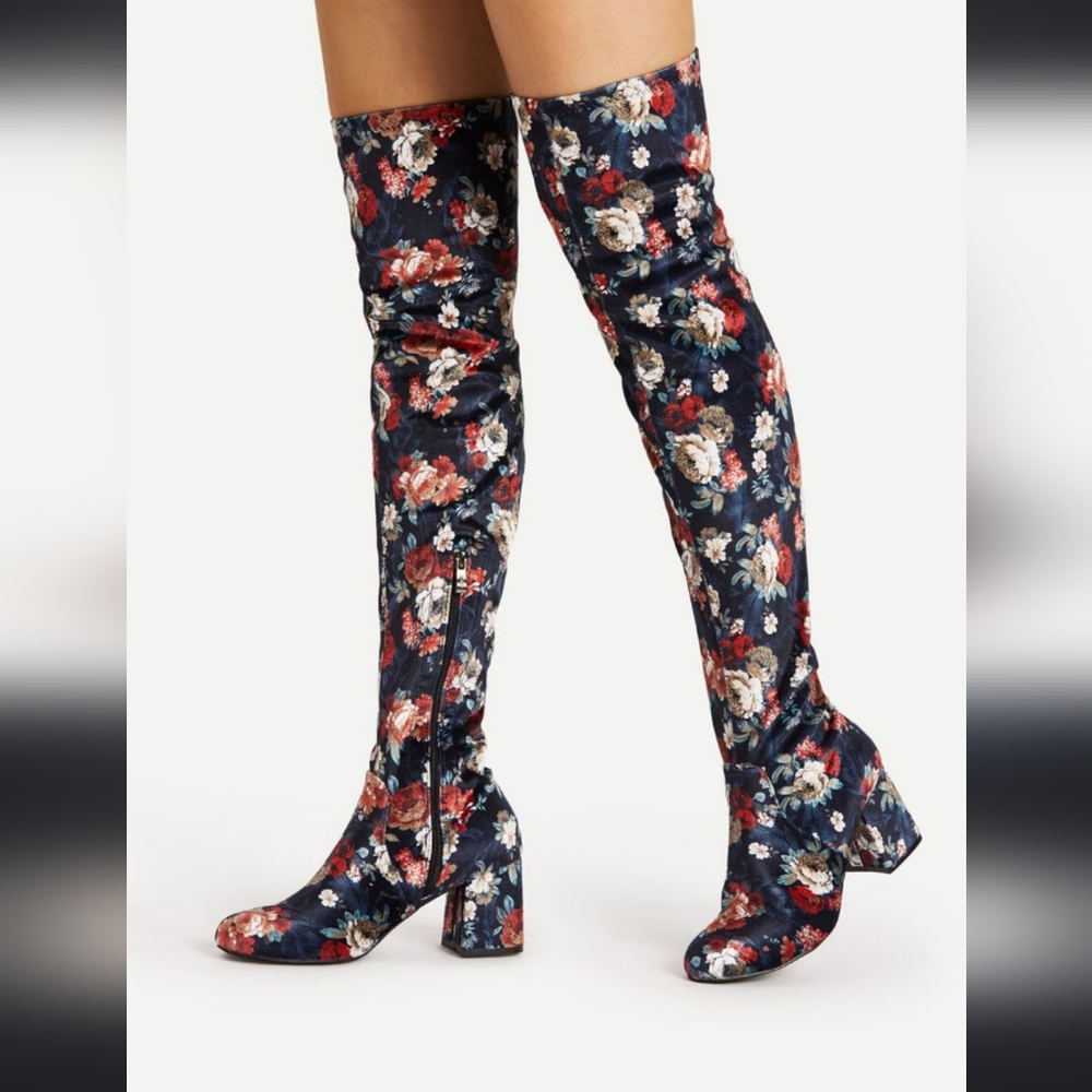 SHEIN Floral Velvet OTK Boots